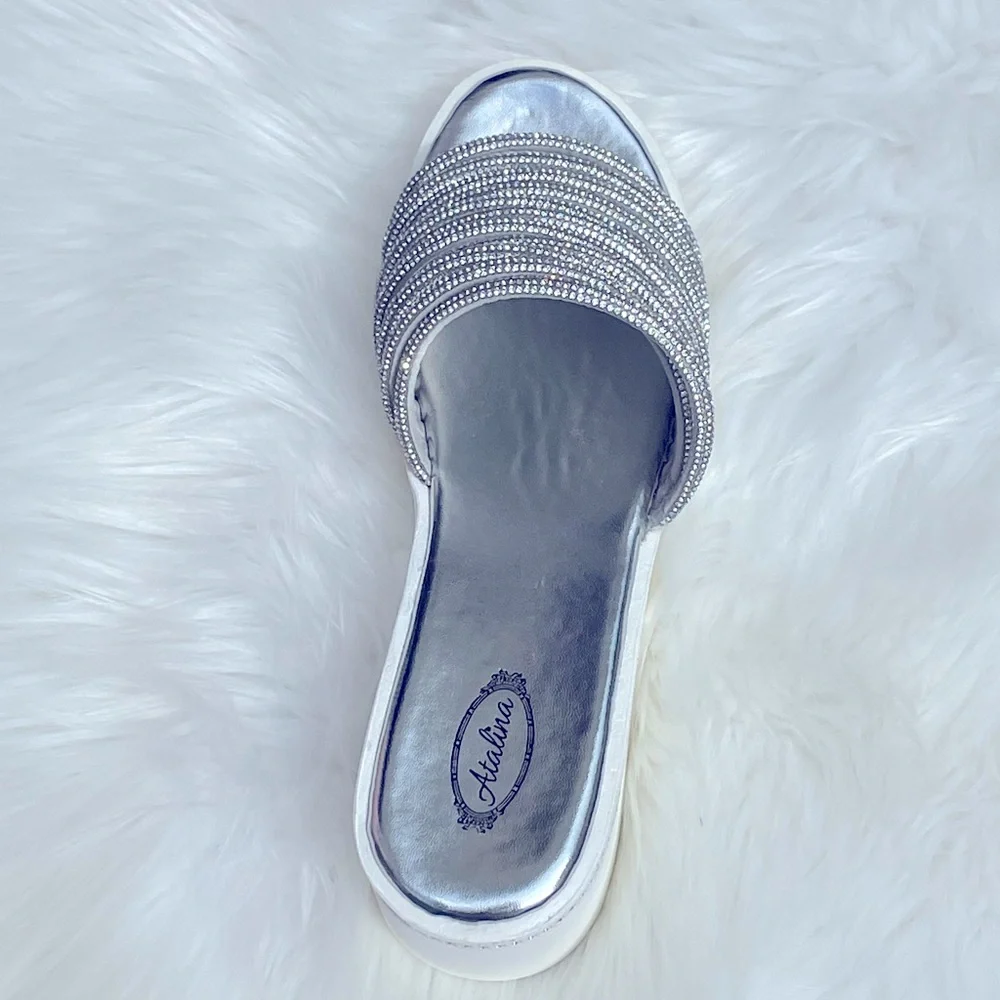 Restock! White Platform Silver Rhinestone Embellished Wedge Slide-In Sandals - Picture 5 of 12